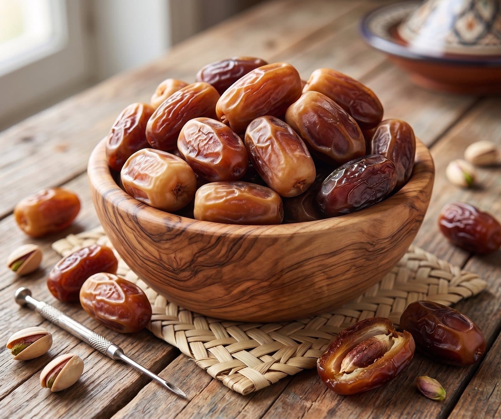Glossy dates heaped in an olive-wood bowl on a woven palm mat, with pistachios and a halved date on a rustic wooden table