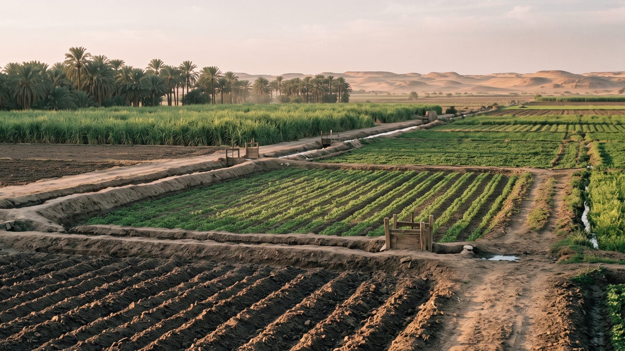 An Egyptian farm with a freshly ploughed block in the foreground, young crop rows beyond it and mature planting further back, divided by irrigation channels, with date palms and desert dunes on the horizon