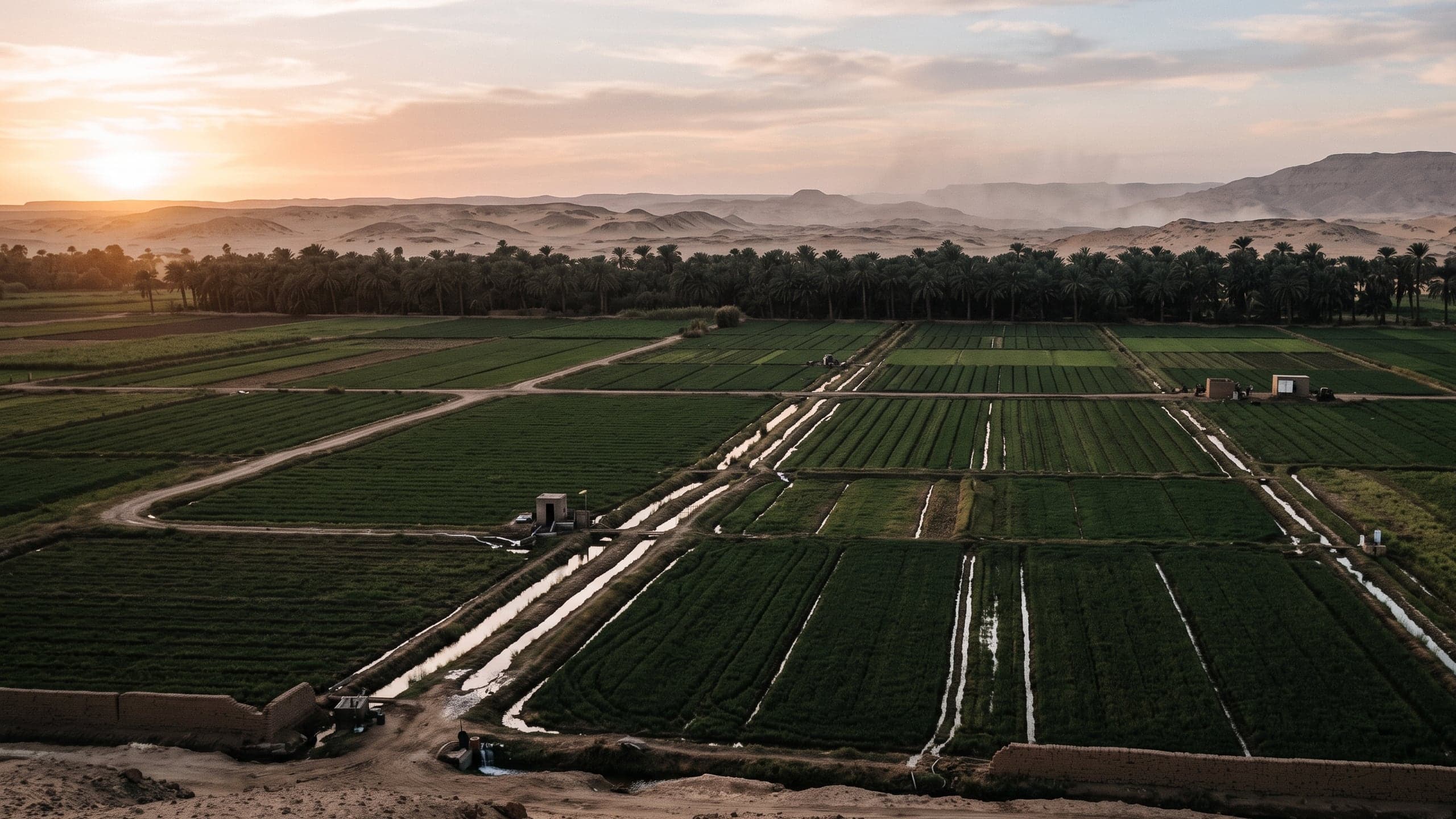 Wide view across cultivated ProHarvest fields at low sun, irrigation channels catching the light, a line of date palms and desert beyond