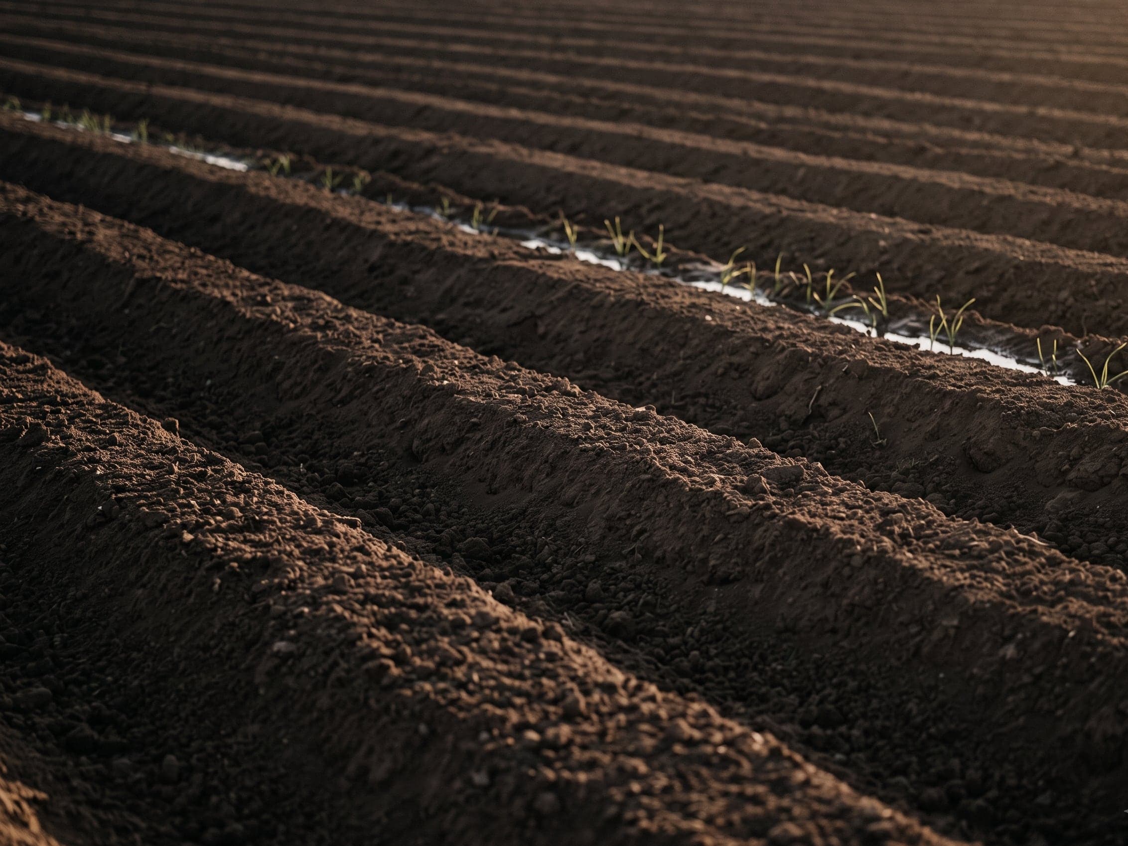 Close view across freshly worked agricultural soil at dusk, ridges and furrows raking away with young shoots breaking the surface