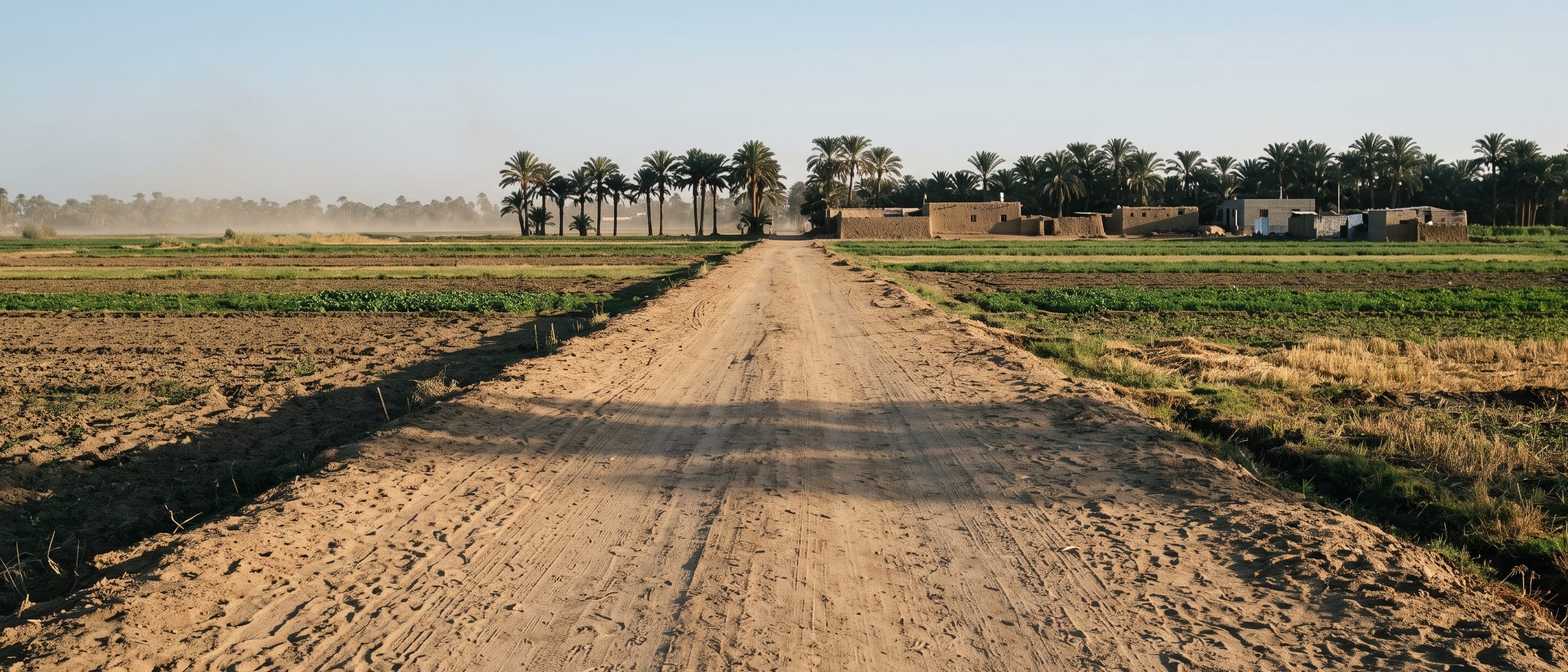 A broad earth track running between cultivated fields toward a line of date palms and mudbrick farm buildings in the late afternoon